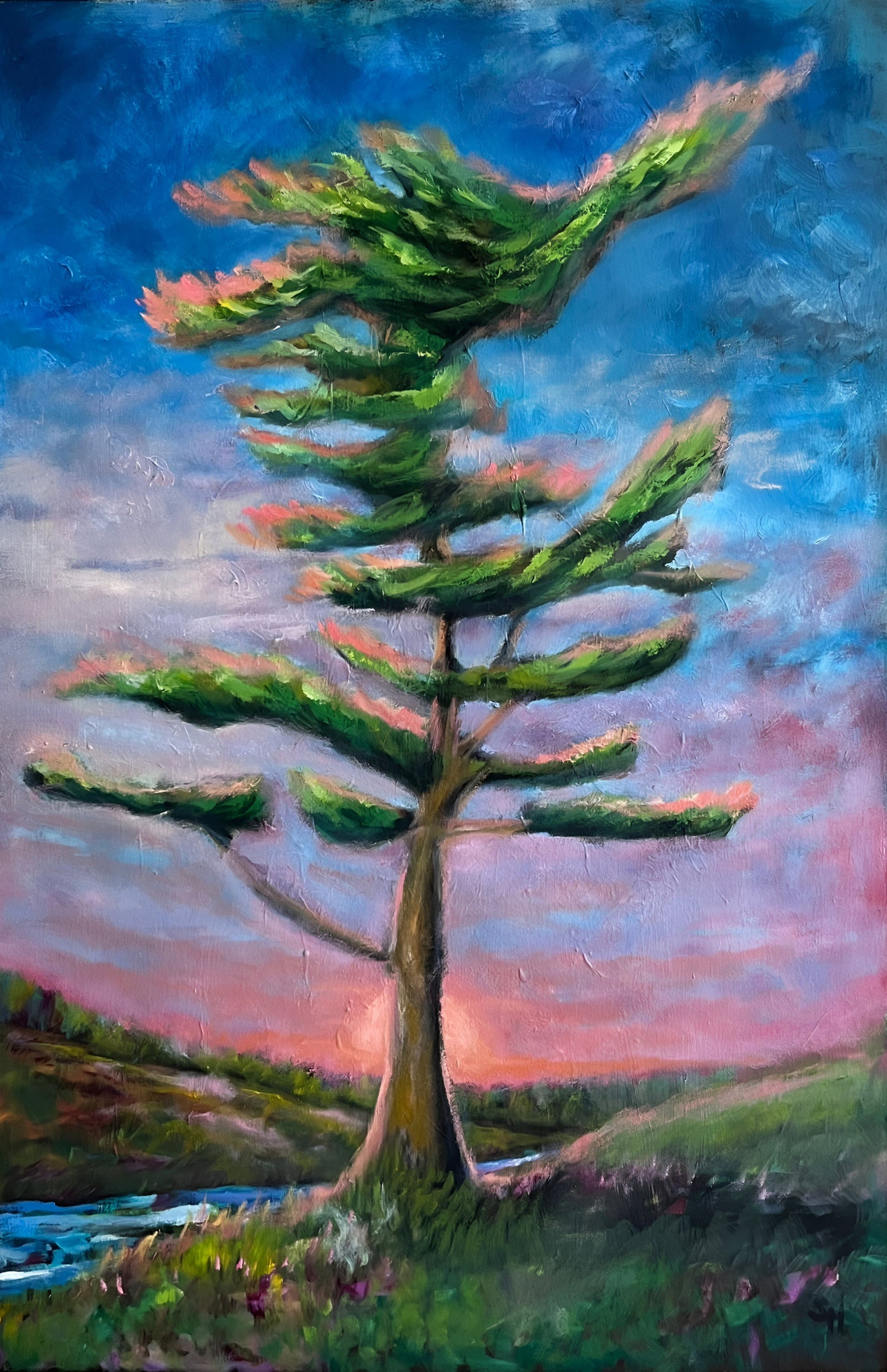 Painting of a tall tree with a colorful sky background