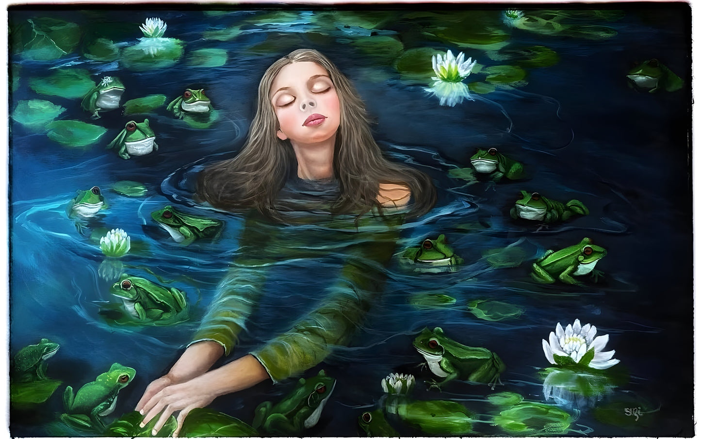 Woman with closed eyes surrounded by frogs and water lilies in a dark blue pond.