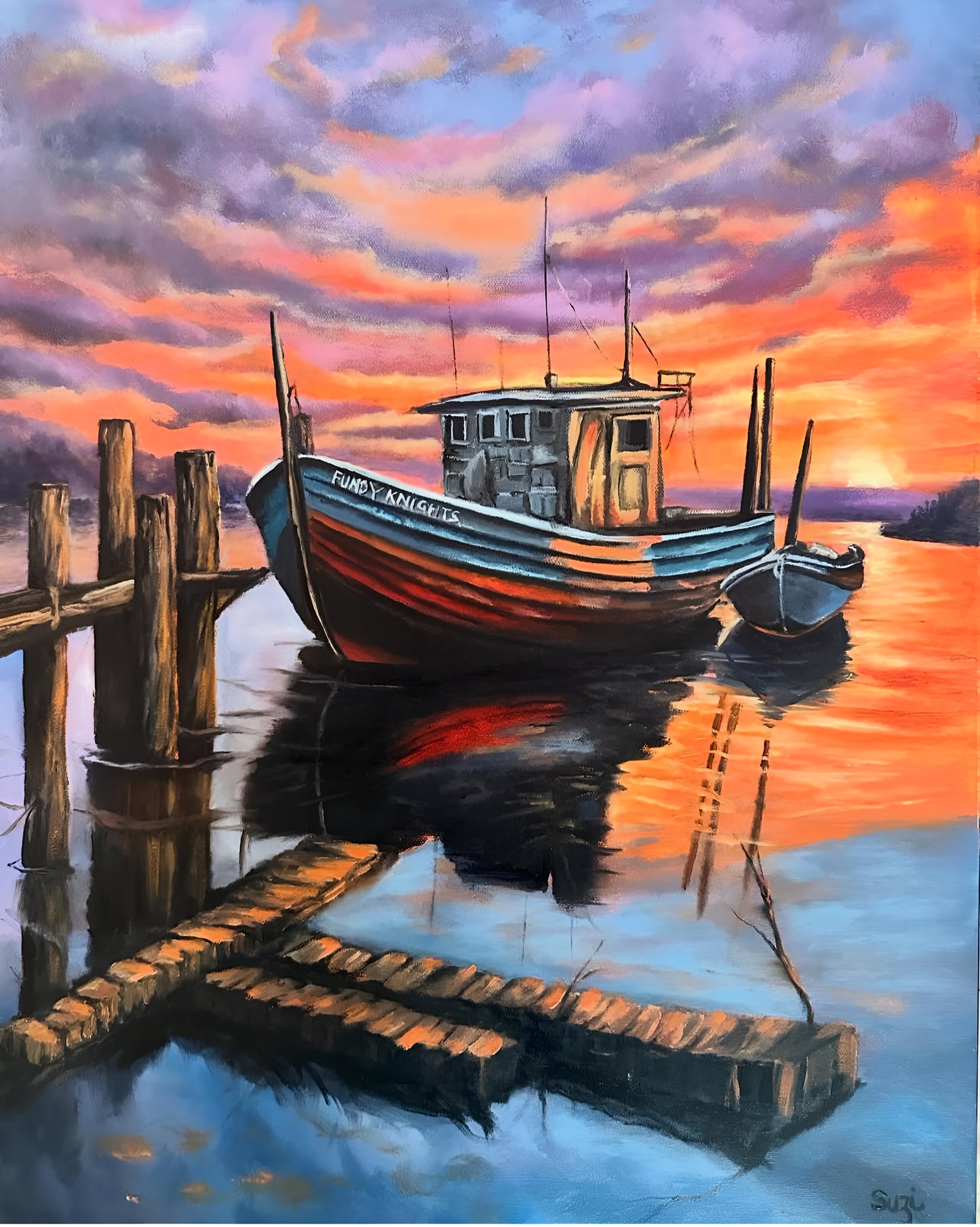 Painting of a boat docked at a pier with a colorful sunset sky.
