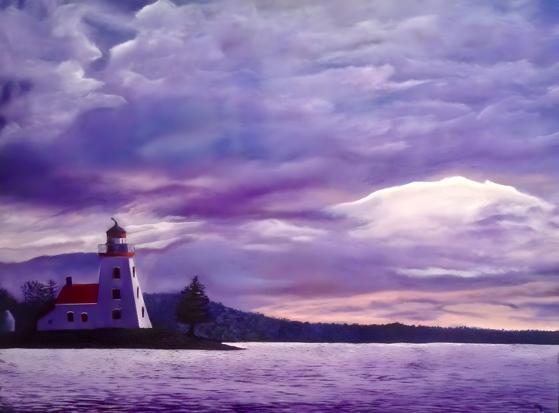 Lighthouse on a lake with a dramatic purple sky