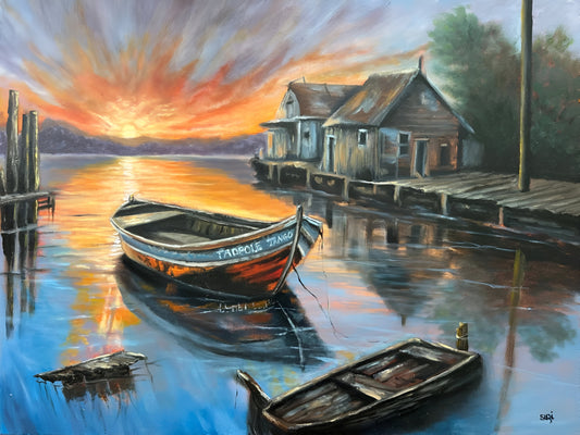 Painting of a boat on water with a sunset and wooden buildings in the background