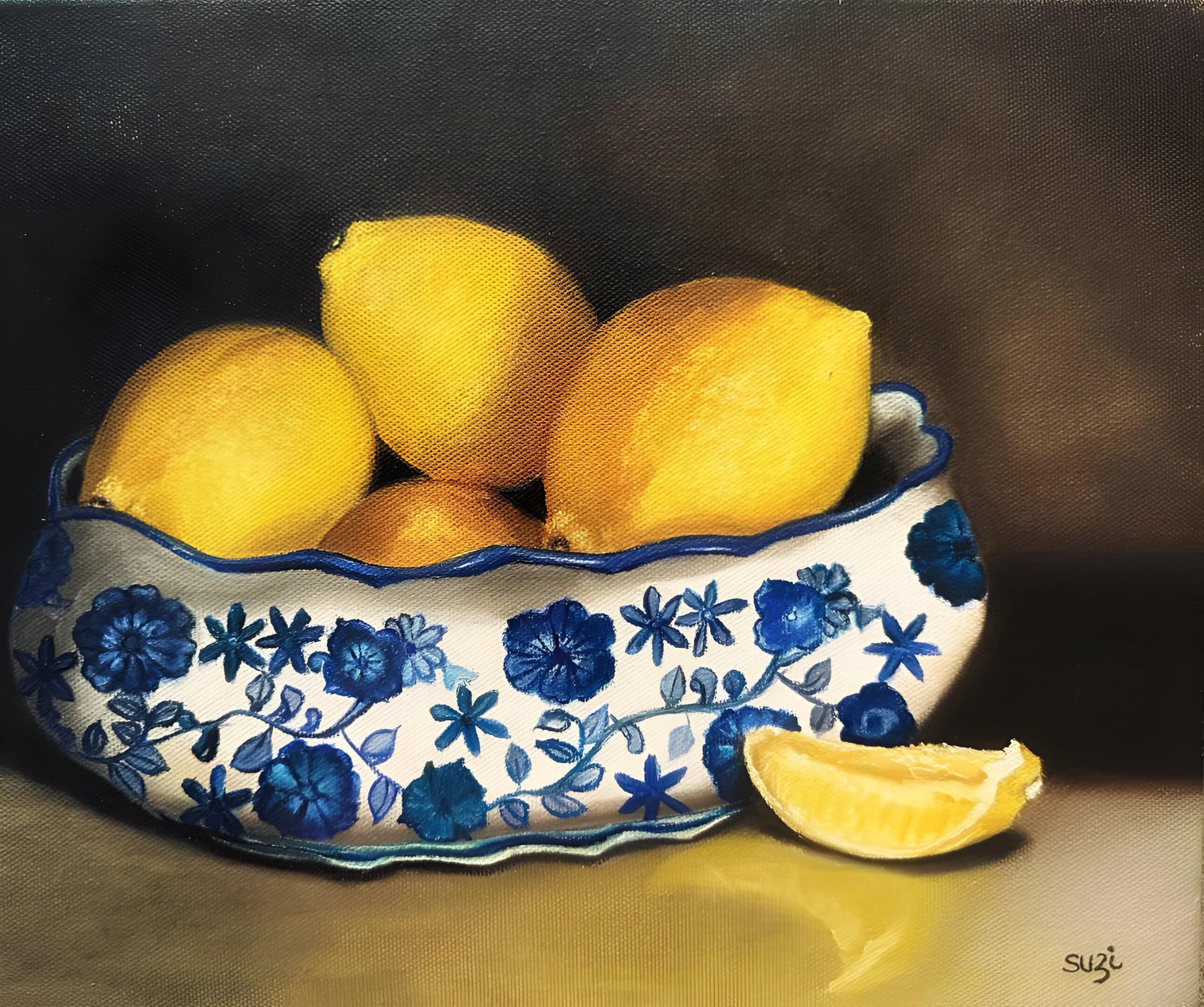 Still life painting of lemons in a blue and white bowl on a dark background