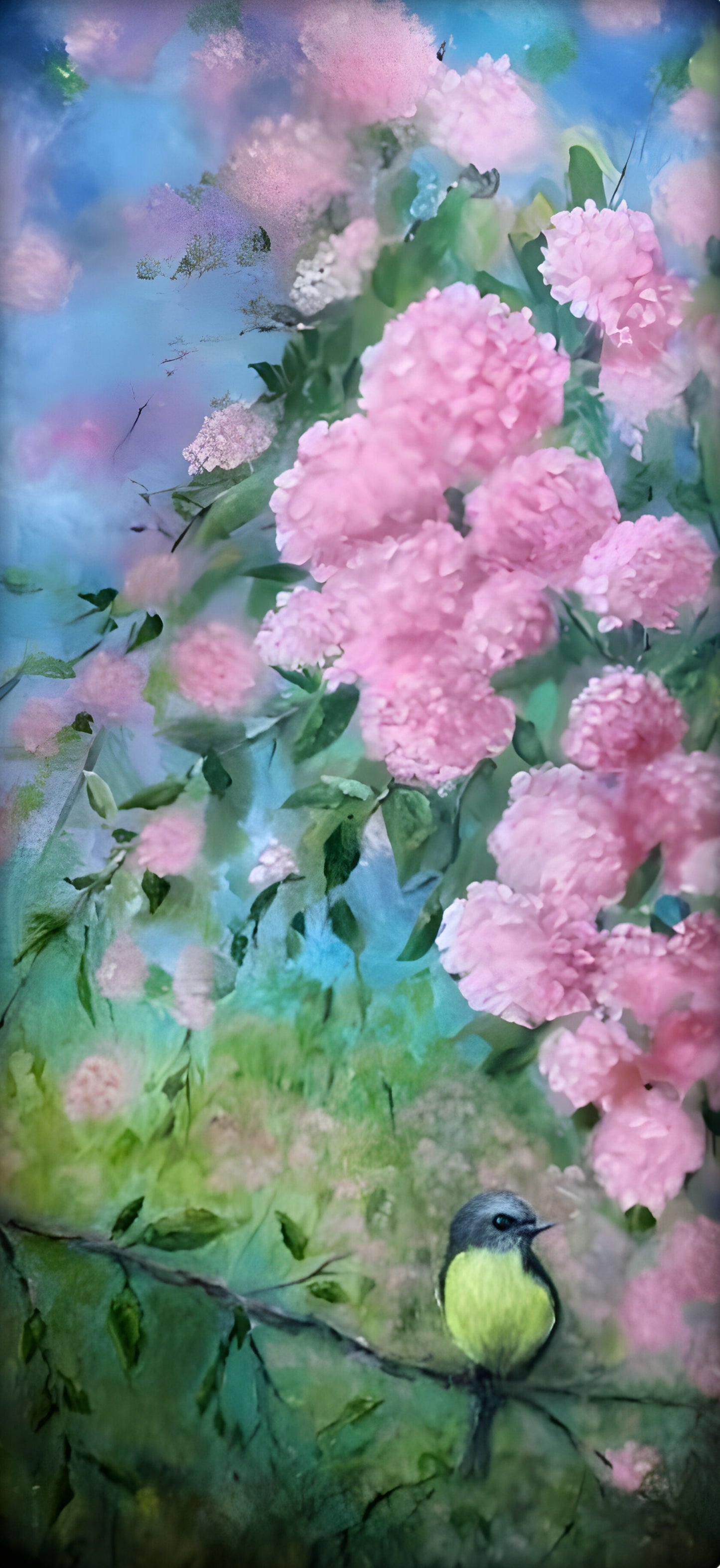 Painting of pink flowers and a bird on a branch